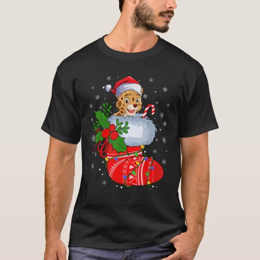 Funny Jaguar In Christmas Socks Santa Claus Lights T-shirt (Voorkant)
