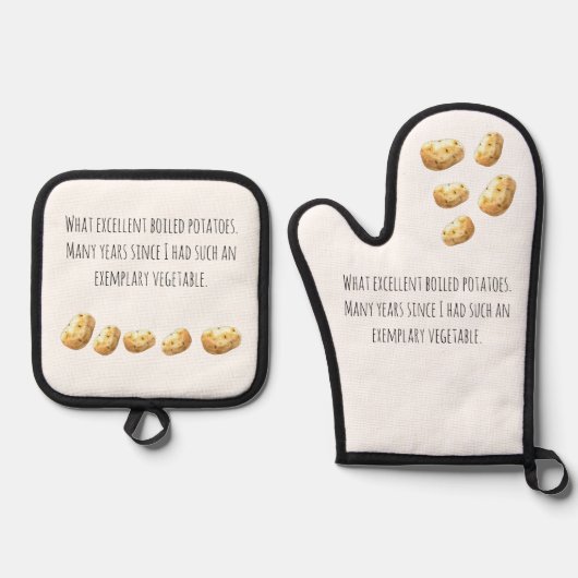 Funny Jane Austen Inspired Boiled Potato Quote Ovenwant & Pannenlap Set (Voorkant)