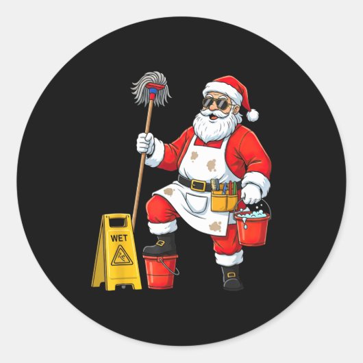 Funny Janitor Santa Christmas Graphic Cleaner Clea Ronde Sticker (Voorkant)