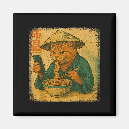 Funny Japanese Cat Eat Ramen And Scroll Phone Anim Magneet (Voorkant)