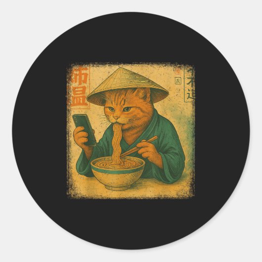 Funny Japanese Cat Eat Ramen And Scroll Phone Anim Ronde Sticker (Voorkant)