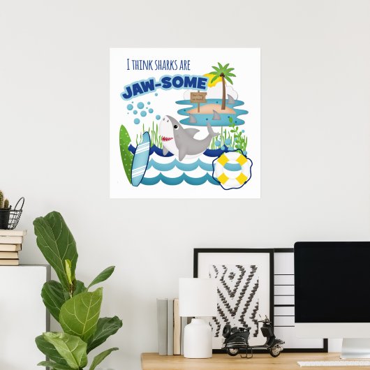 Funny Jawsome Shark Surfboard Kinderen Poster (Thuiskantoor)