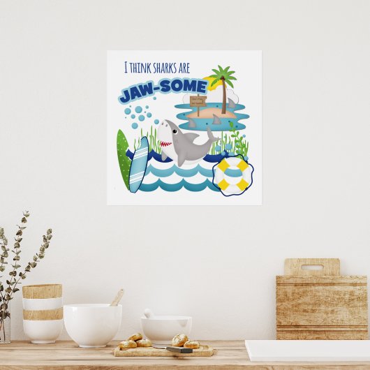 Funny Jawsome Shark Surfboard Kinderen Poster (Keuken)