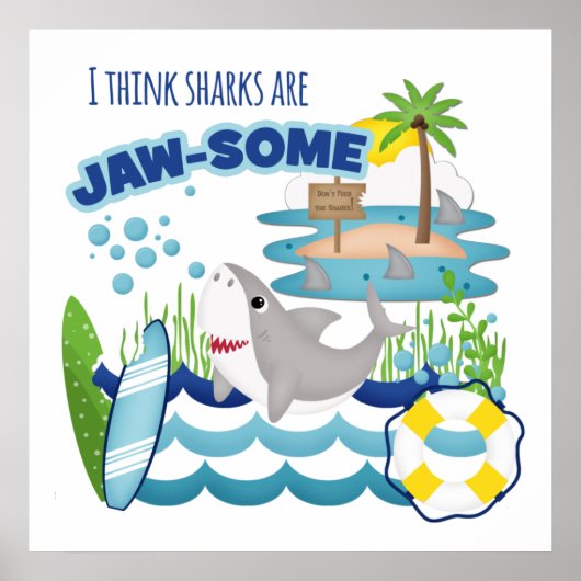 Funny Jawsome Shark Surfboard Kinderen Poster (Voorkant)