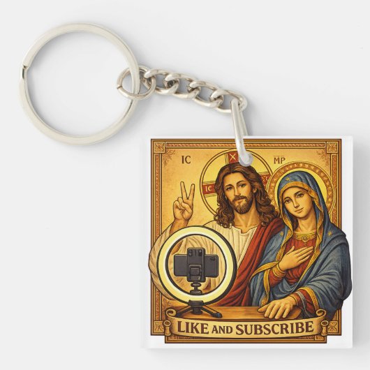 Funny Jesus Mary Influencer Sleutelhanger (voorkant)