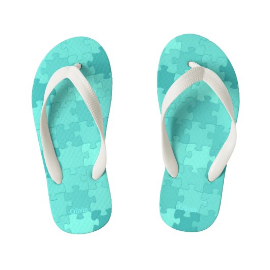 Funny Jigzaag Puzzle Pattern Add Name Turquoise Kinder Teenslippers (Voetbed)