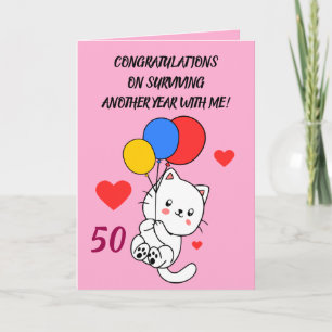 Funny Joke Balloon Kat Pink Zuster 50e verjaardag Kaart