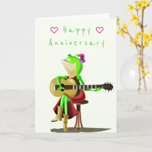Funny Jubileum Kaart Happy Frog gitaar speler (Gele Bloem)