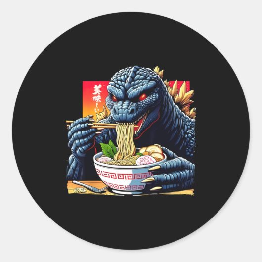 Funny Kaiju Eating Ramen Japanese Monster Lover Bi Ronde Sticker (Voorkant)