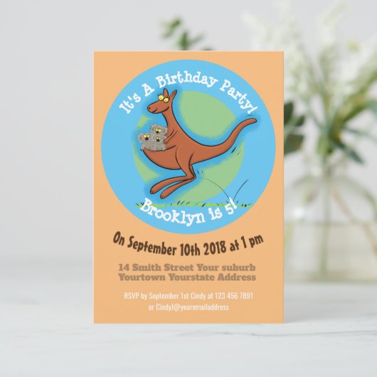 Funny kangaroo en uitnodiging tot cartoon van koal (Staand voorkant)