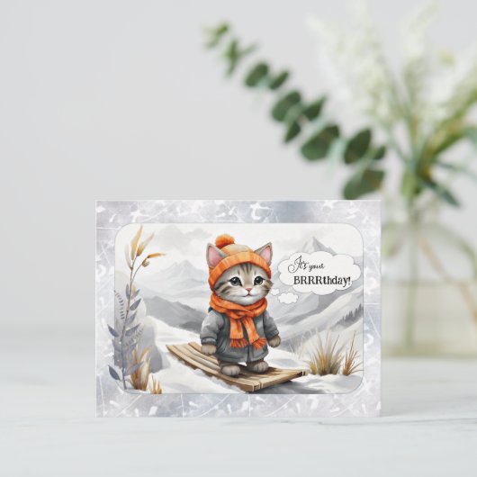 Funny Kat Snow Winter Verjaardag Briefkaart (Staand voorkant)
