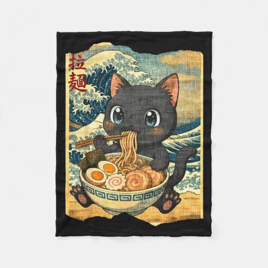 Funny Kawaii Black Cat Ramen Noodle Bowl Japanese Fleece Deken (Voorkant)
