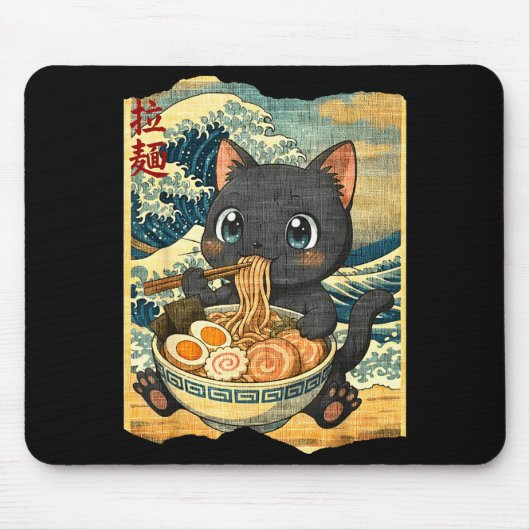 Funny Kawaii Black Cat Ramen Noodle Bowl Japanese Muismat (Voorkant)