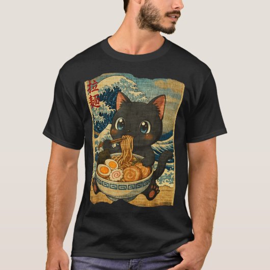 Funny Kawaii Black Cat Ramen Noodle Bowl Japanese  T-shirt (Voorkant)