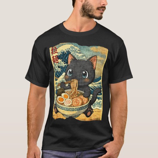 Funny Kawaii Black Cat Ramen Noodle Bowl Japanese T-shirt (Voorkant)
