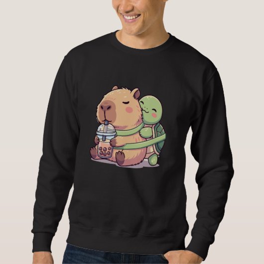 Funny Kawaii Capybara Turtle Boba Tea Cute Men Wom Trui (Voorkant)