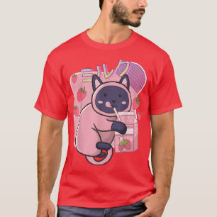 Funny Kawaii Cat Strawberry Milk Shake Japans T-shirt