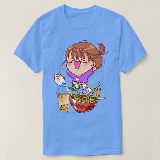 Funny Kawaii Girl Cat Eating Ramen And Boba Milk T T-shirt (Design voorkant)