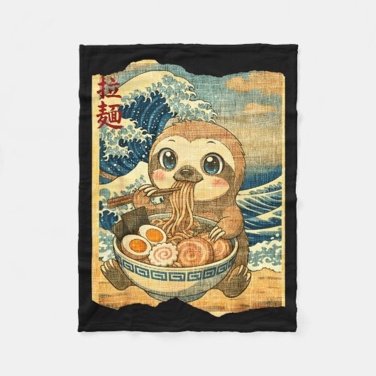 Funny Kawaii Sloth Ramen Noodle Bowl Japanese Wave Fleece Deken (Voorkant)