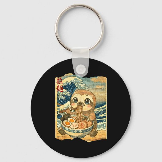 Funny Kawaii Sloth Ramen Noodle Bowl Japanese Wave Sleutelhanger (Voorkant)