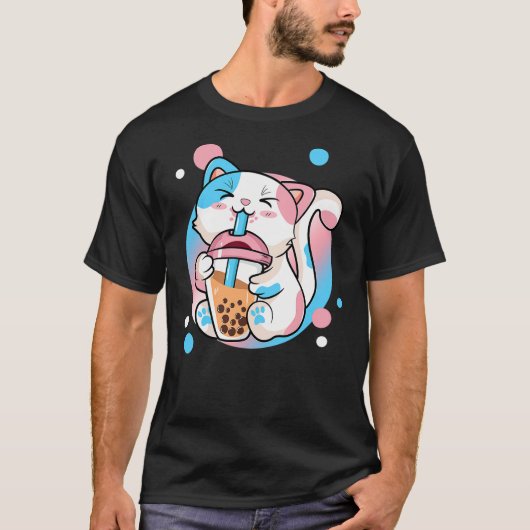 Funny Kawaii Transgender Bubble Tea Cat LGBT Ally  T-shirt (Voorkant)