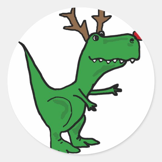 Funny Kerstdinosaur als rendierster Ronde Sticker (Voorkant)