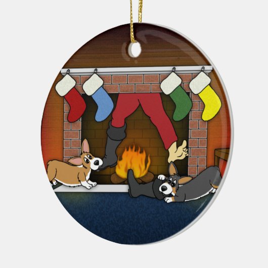 Funny KerstFireplace Corgis Ornament (Links)