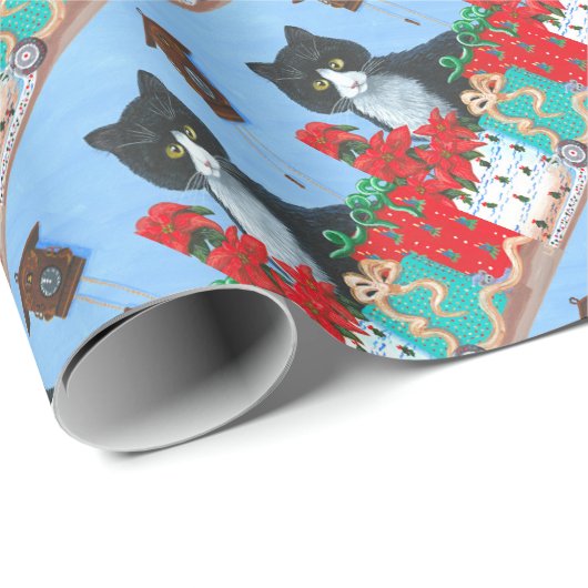 Funny Kerstkat Black Tuxedo Cuckoo Clock Cadeaupapier (Rol Hoek)