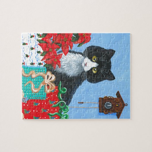 Funny Kerstkat Black Tuxedo Cuckoo Clock Legpuzzel (Horizontaal)