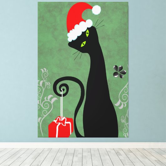 Funny Kerstkat Canvas Afdruk (Insitu (Houten vloer))