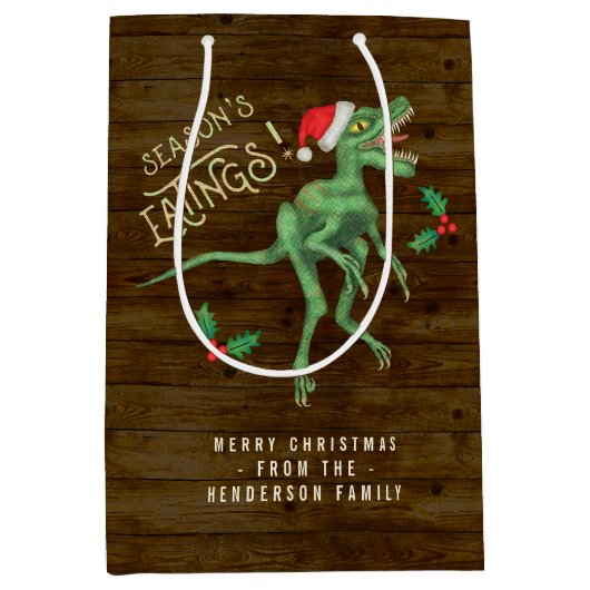 Funny kerstklociraptor Dinosaur - aangepaste tekst Medium Cadeauzakje (Voorkant)