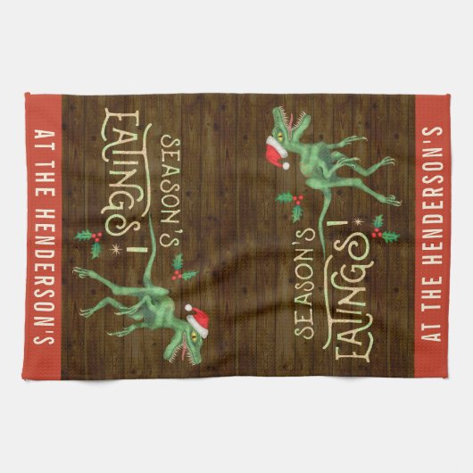 Funny Kerstklociraptor Dinosaur Theedoek (Horizontaal)