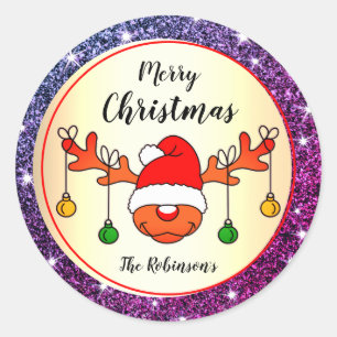 Funny Kerstman Rudolph Reindeer Paarse Glitter Ronde Sticker