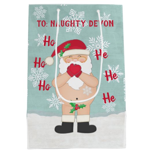 Funny Kerstmis Cute Custom Naughty Santa Medium Cadeauzakje (Achterkant)