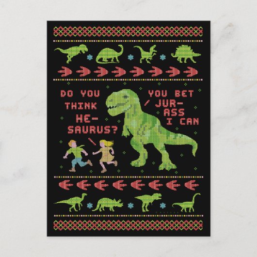 Funny Kerstmis T Rex Dinosaur Pun Humor Faux Knit Briefkaart (Voorkant)