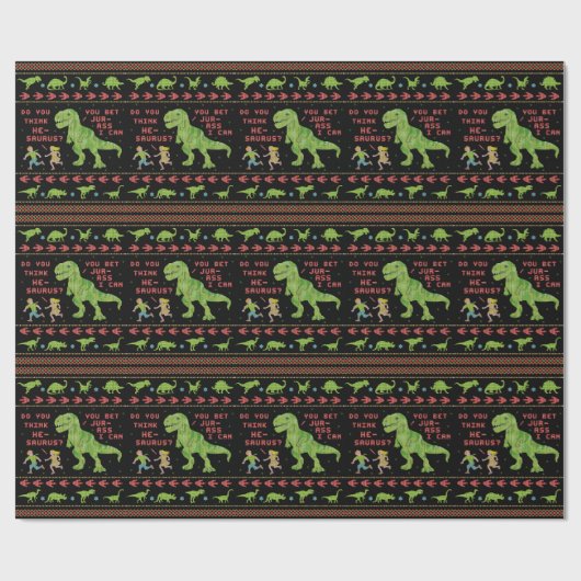 Funny Kerstmis T Rex Dinosaur Pun Humor Faux Knit Cadeaupapier (Vlak)