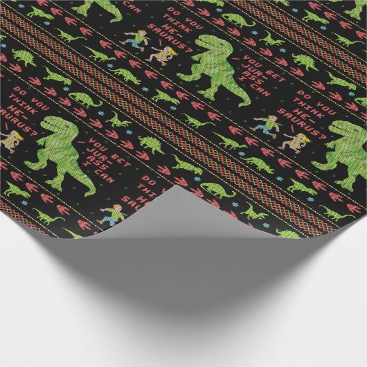 Funny Kerstmis T Rex Dinosaur Pun Humor Faux Knit Cadeaupapier (Hoek)