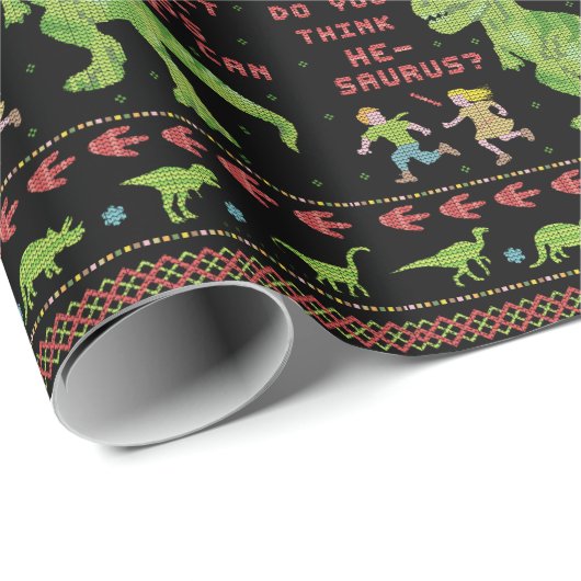 Funny Kerstmis T Rex Dinosaur Pun Humor Faux Knit Cadeaupapier (Rol Hoek)