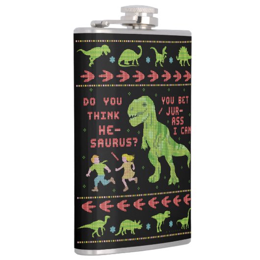 Funny Kerstmis T Rex Dinosaur Pun Humor Faux Knit Heupfles (Rechts)
