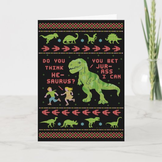 Funny Kerstmis T Rex Dinosaur Pun Humor Faux Knit Kaart (Voorkant)