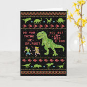 Funny Kerstmis T Rex Dinosaur Pun Humor Faux Knit Kaart (Gele Bloem)