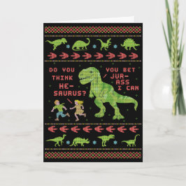 Funny Kerstmis T Rex Dinosaur Pun Humor Faux Knit Kaart