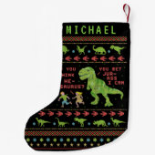 Funny Kerstmis T Rex Dinosaur Pun Humor Faux Knit Kleine Kerstsok (Achterkant)