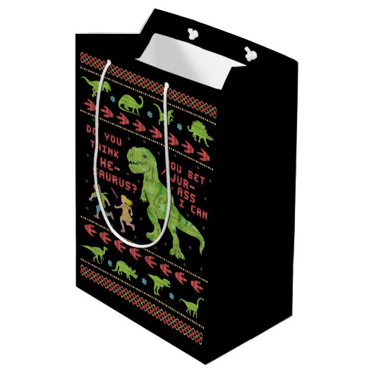 Funny Kerstmis T Rex Dinosaur Pun Humor Faux Knit Medium Cadeauzakje (Achterkant Gekanteld)