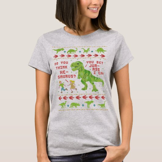 Funny Kerstmis T Rex Dinosaur Pun Humor Faux Knit T-shirt (Voorkant)