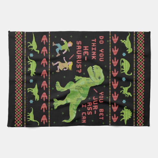 Funny Kerstmis T Rex Dinosaur Pun Humor Faux Knit Theedoek (Horizontaal)
