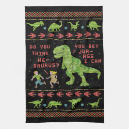 Funny Kerstmis T Rex Dinosaur Pun Humor Faux Knit Theedoek