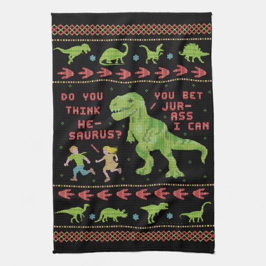 Funny Kerstmis T Rex Dinosaur Pun Humor Faux Knit Theedoek (Verticaal)