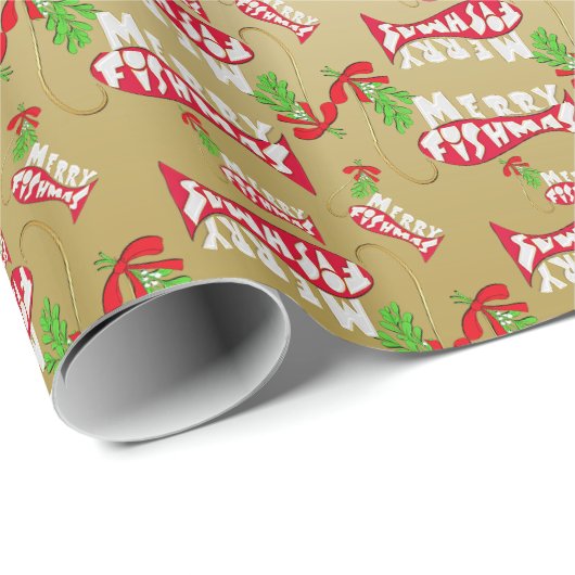 ♫ ♥ Funny Kerstmis Viste Merry Fishmas Gold Cadeaupapier (Rol Hoek)