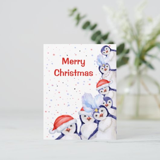 Funny Kerstpinguins Waterverf Feestdagenkaart (Staand voorkant)